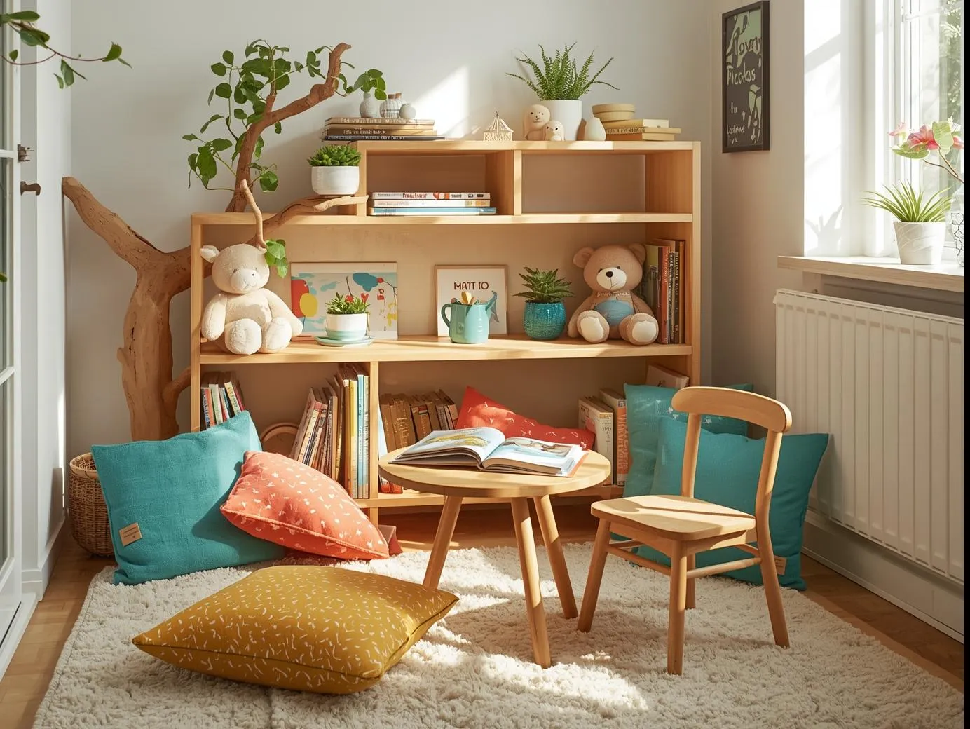 A family-friendly reading corner with a branch-shaped wooden bookshelf