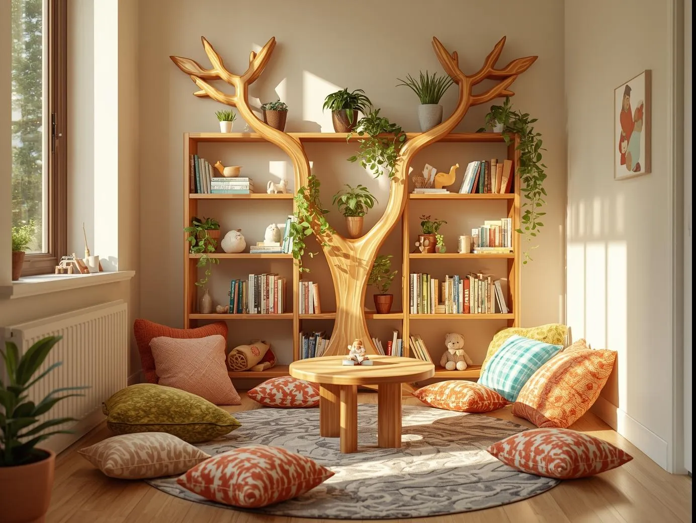 A family-friendly reading corner with a branch-shaped wooden bookshelf1