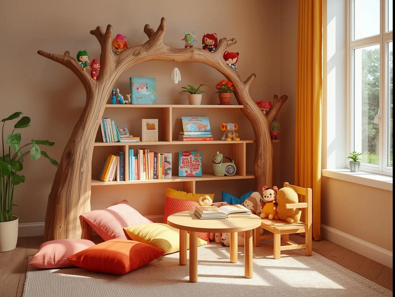 A family-friendly reading corner with a branch-shaped wooden bookshelf2