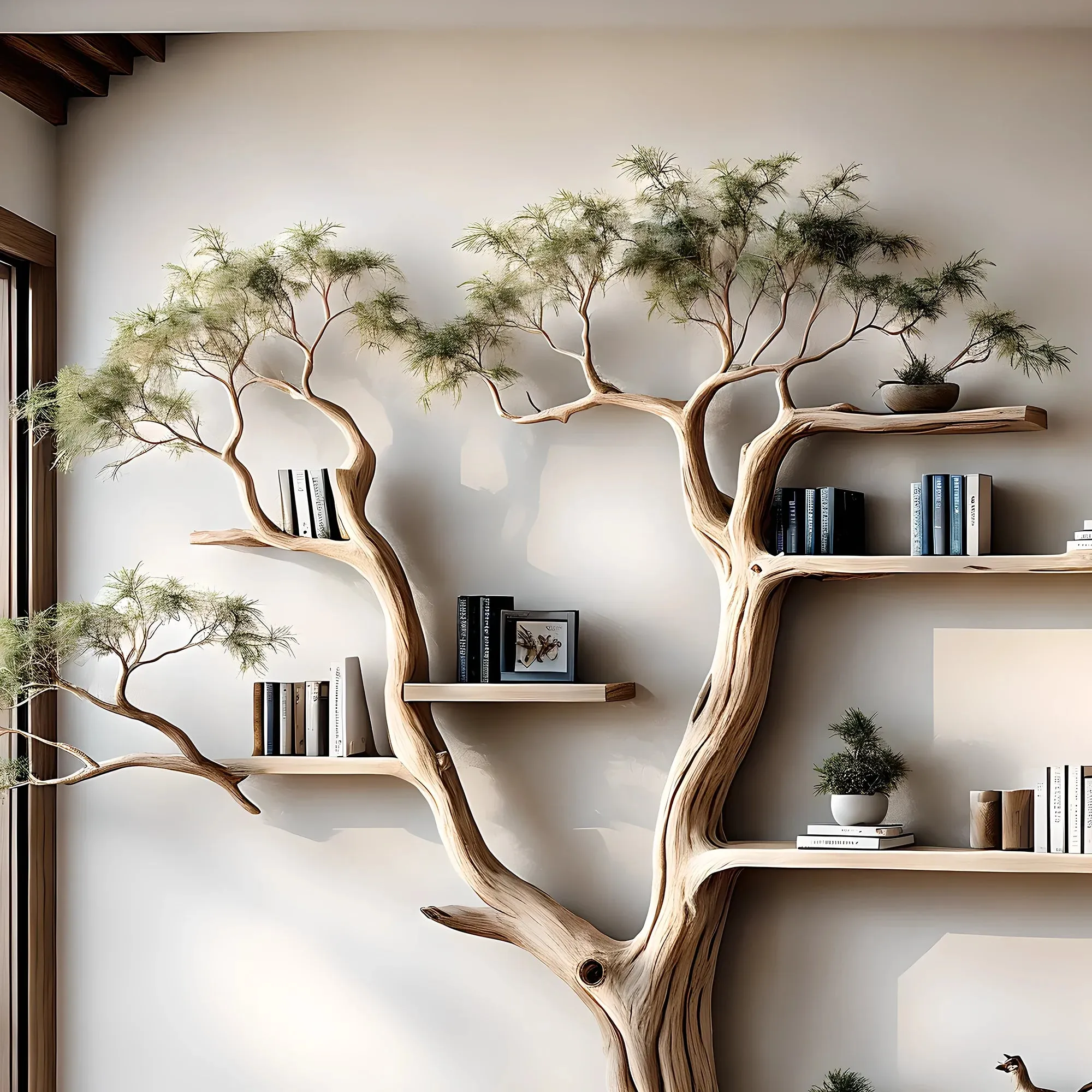 Tree Shaped Wooden Bookshelf Solid Wood Decorative Storage Shelf