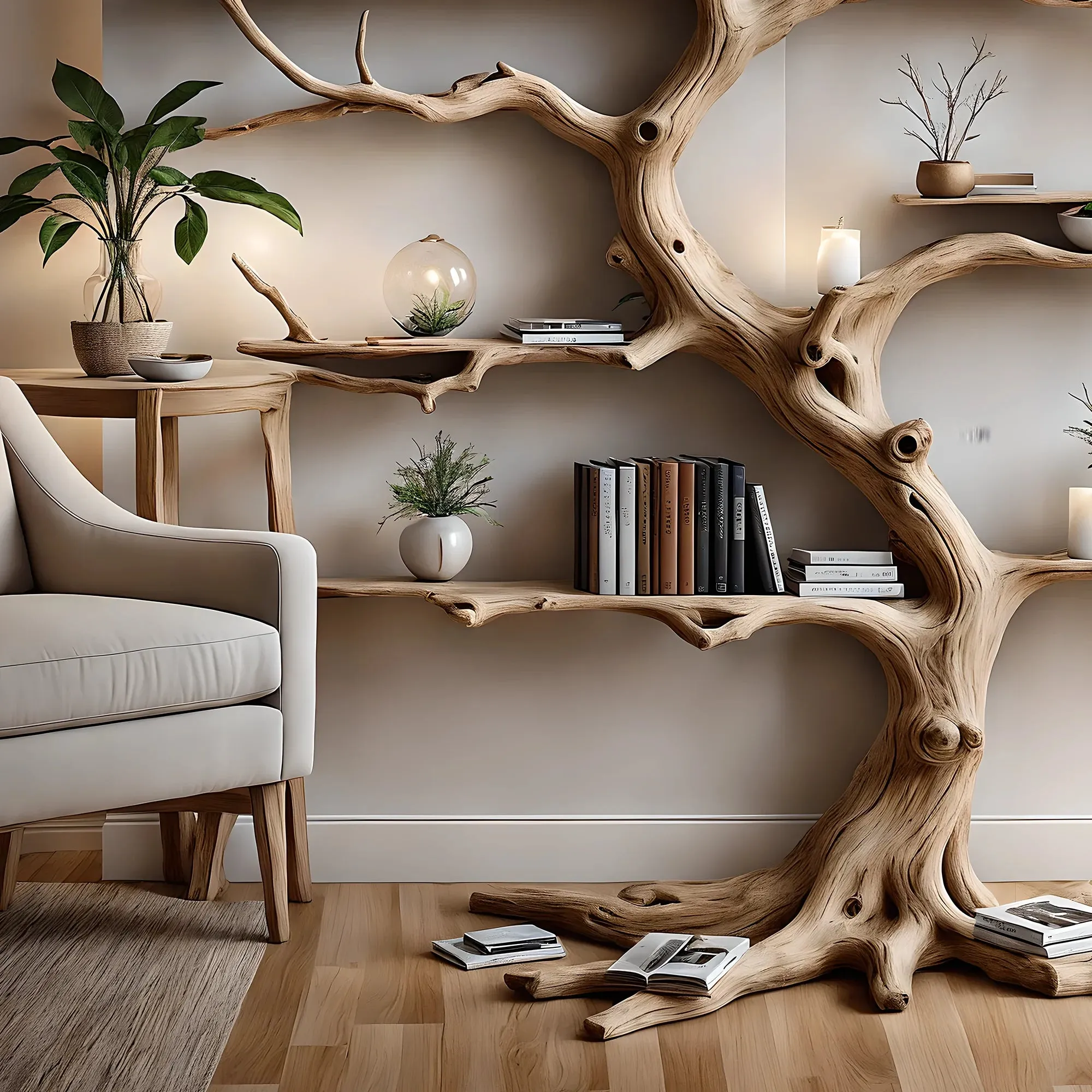 Tree Shaped Driftwood Bookshelf Rustic Wooden Shelf for Living Room Decor