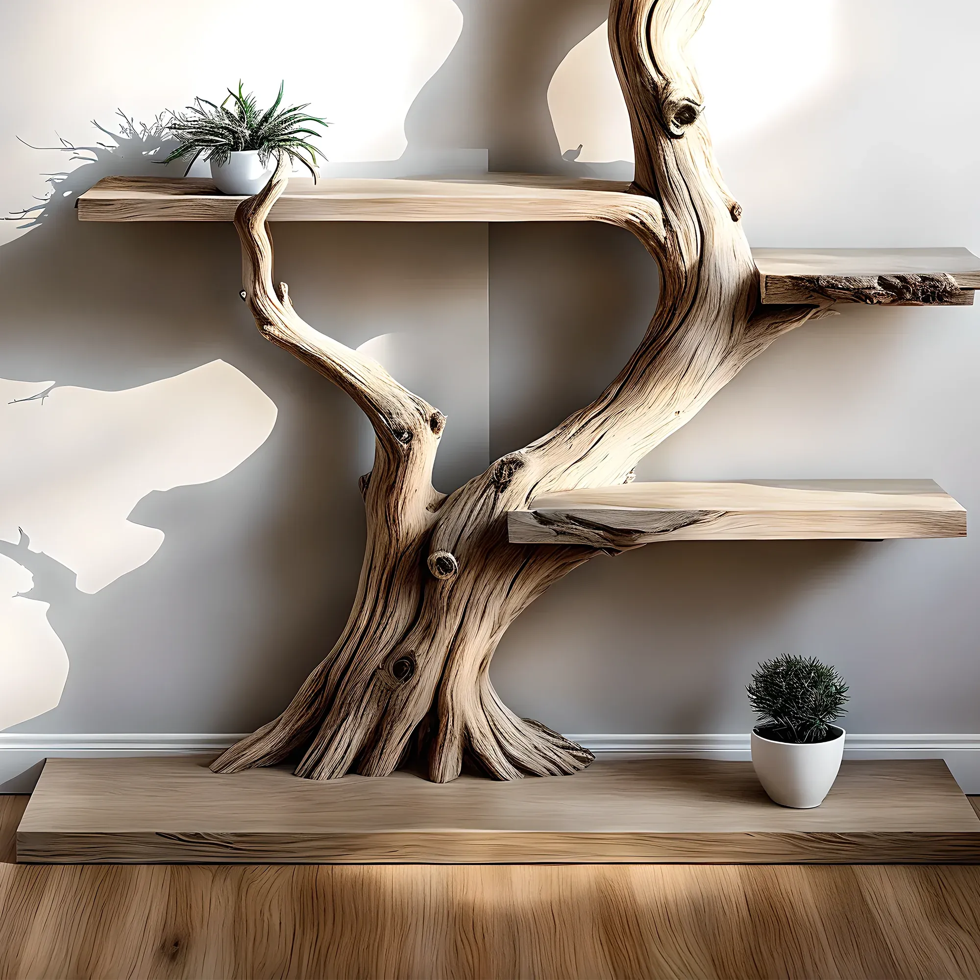 Tree Shaped Walnut Wooden Bookshelf Rustic Solid Tree Furniture for Home