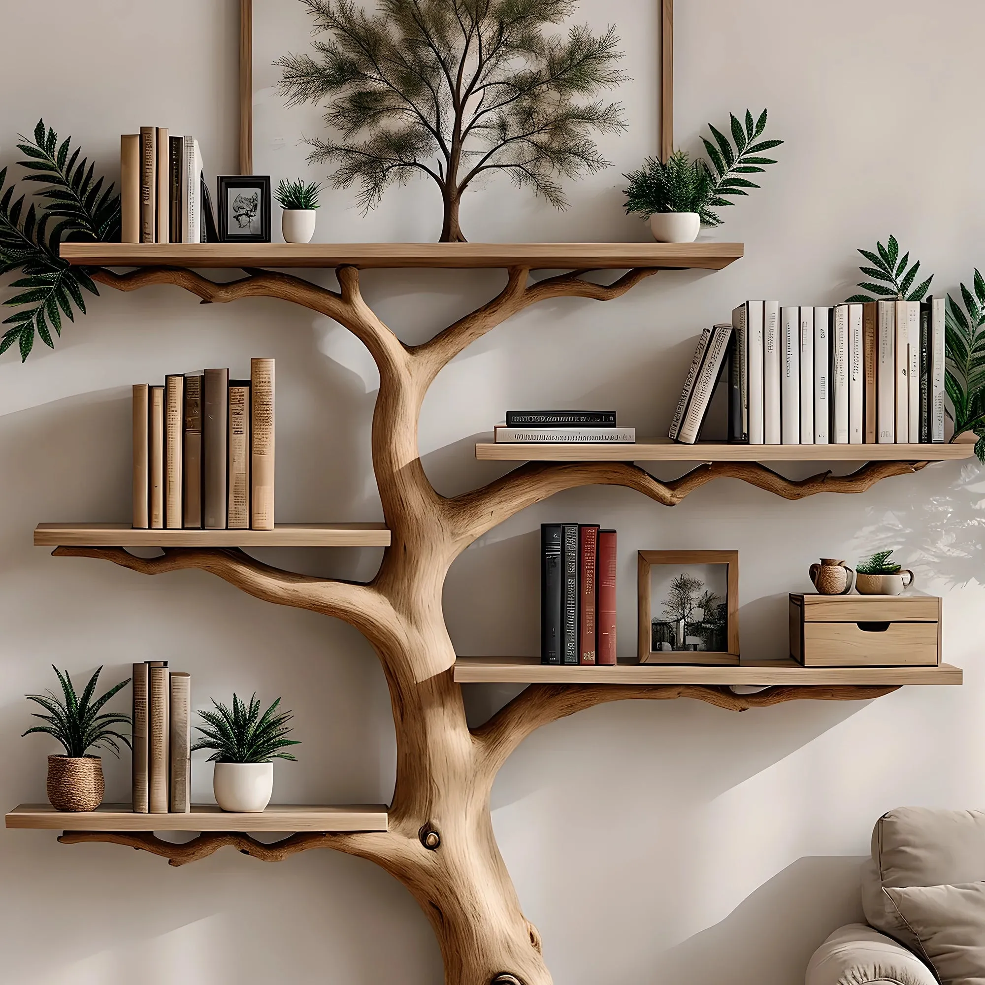 Tree Shaped Floating Corner Shelf Wall Mounted Solid Wood Bookshelf Gift Idea