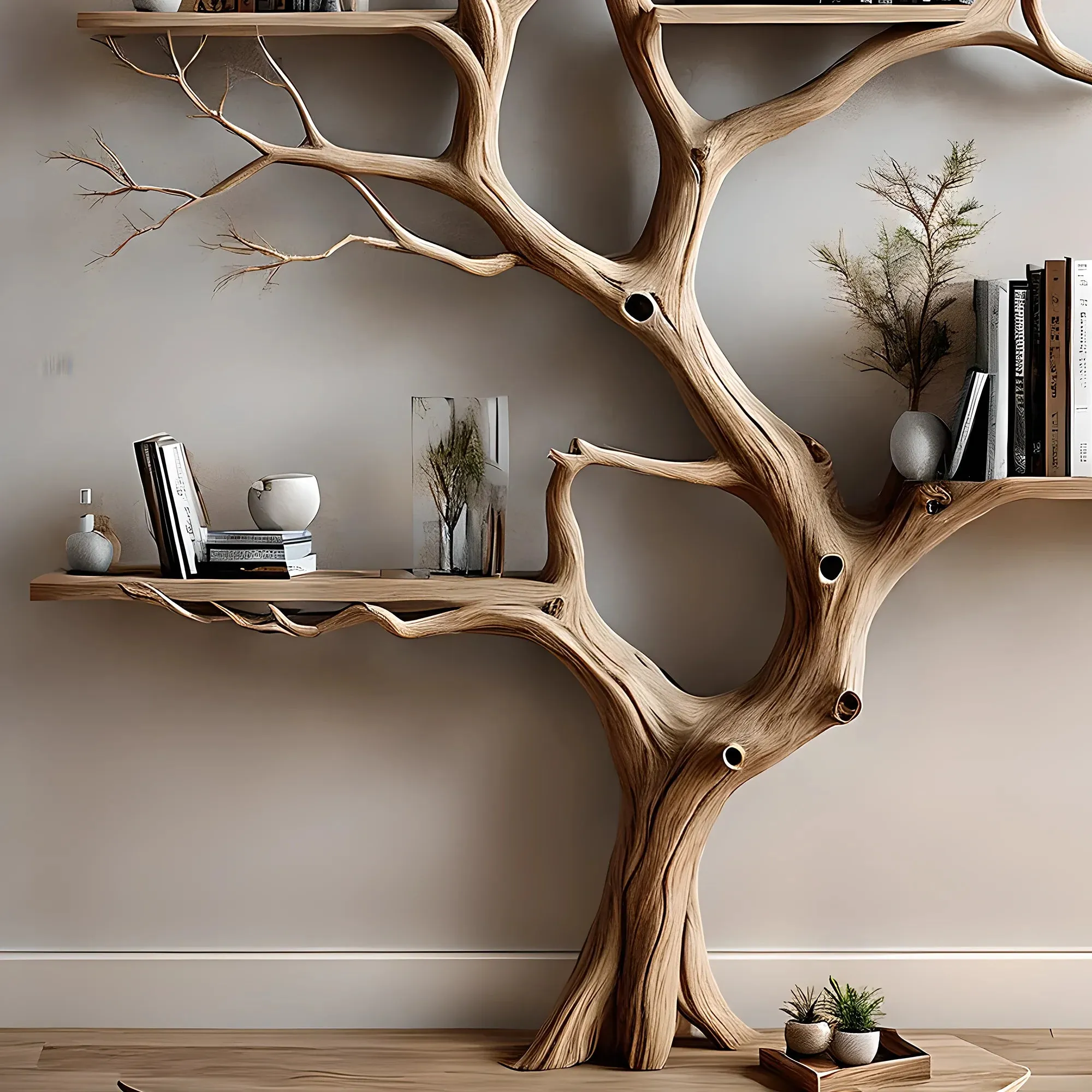 Wall Mounted Tree Shaped Wooden Shelf Rustic Solid Wood Decorative Bookcase