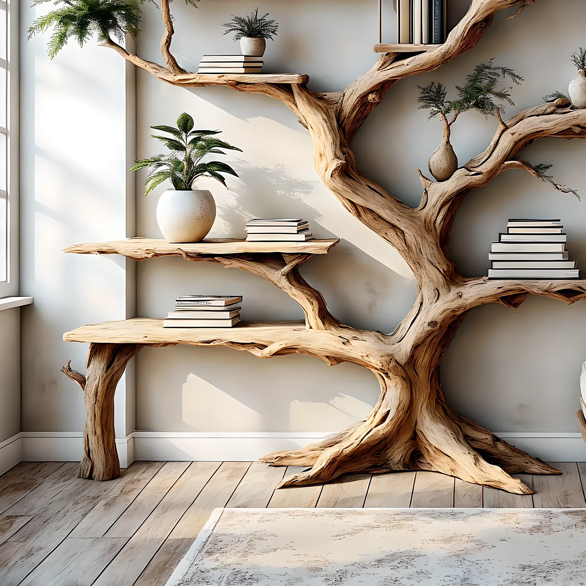 Decorative Tree Shaped Wooden Shelf Rustic Wooden Bookcase for Home