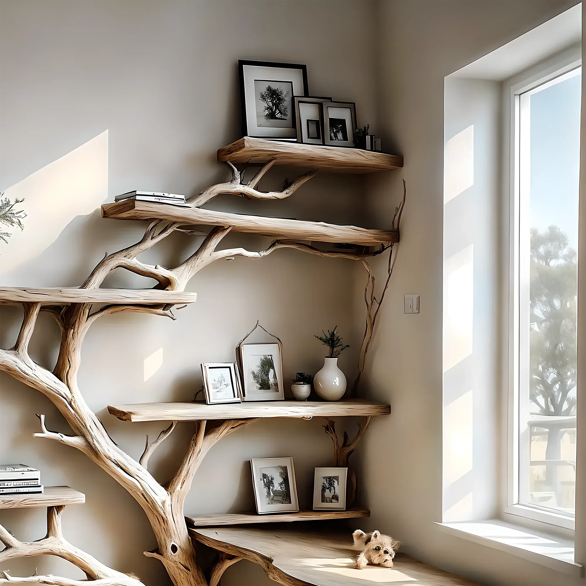 Tree Inspired Corner Shelf Solid Wood Bookshelf for Decorative Walls